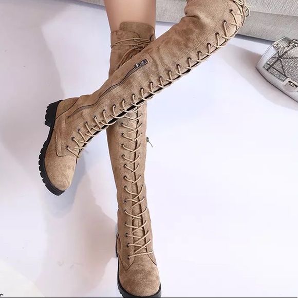 Shoes - LAST 1️⃣Vegan Suede Tan Over Knee Lace Up Boot